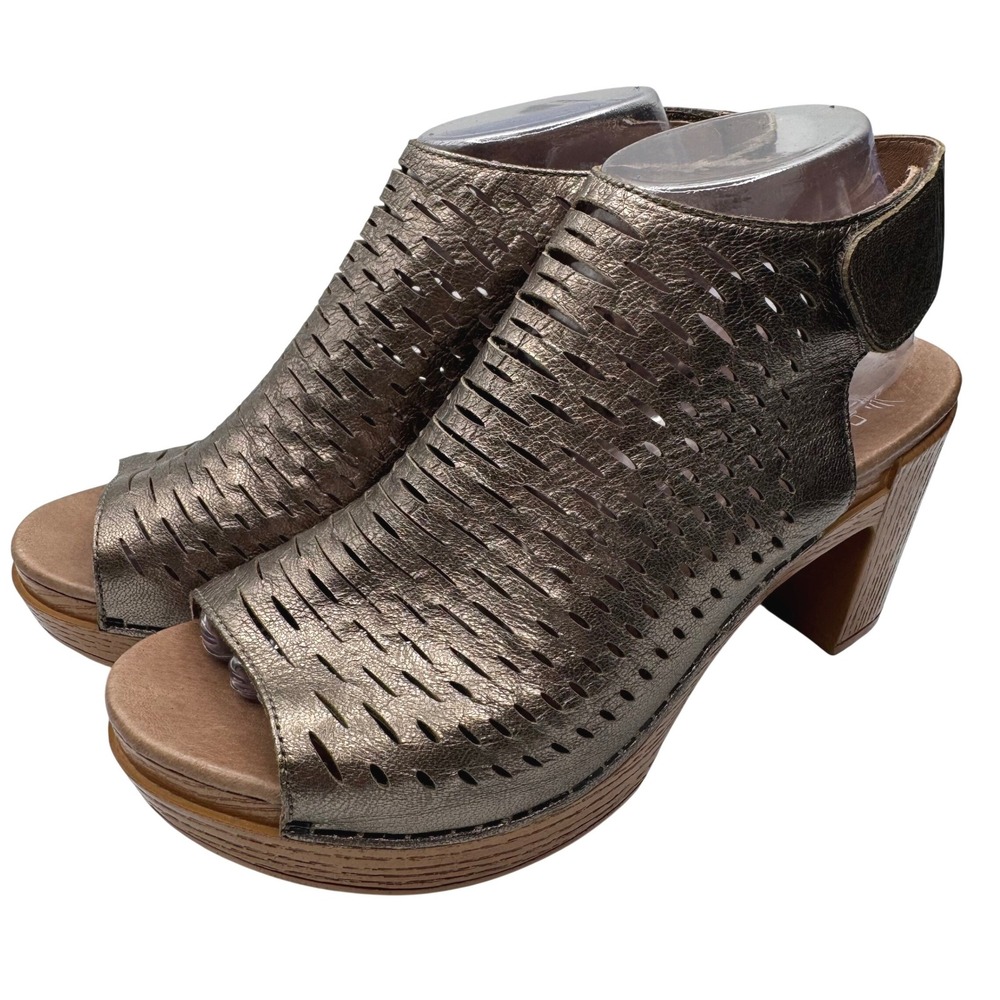 Dansko Tiffani Metallic Bronze Leather Perforated Block Heel open toe Sandals 39